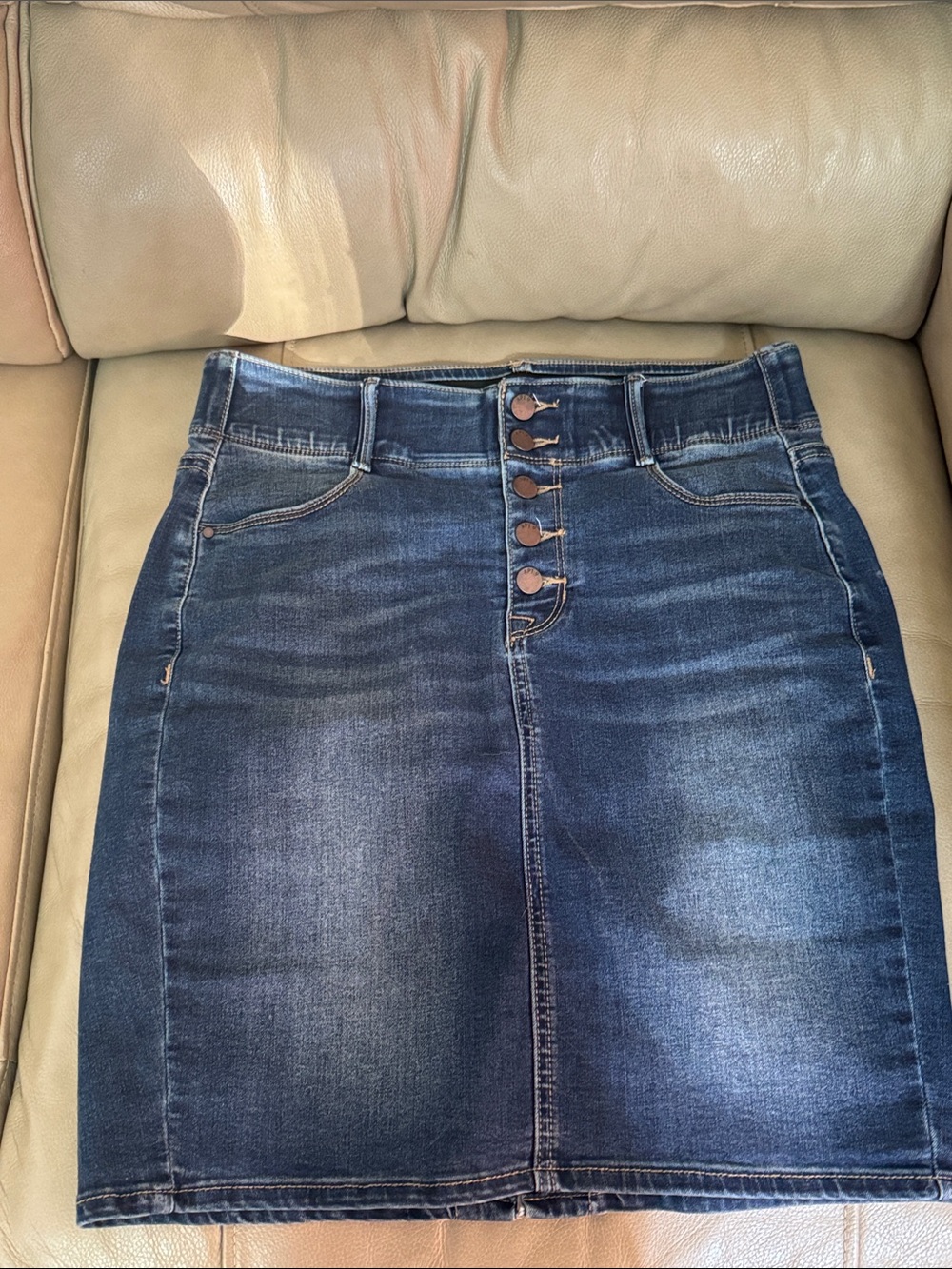 Apt. 9 Dark Blue High-Rise Denim Skirt with Exposed Button Front